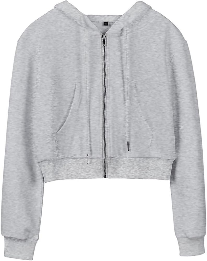 Womens Cute Workout Cropped Zip Up Drawstring Hoodie Sweatshirt Jacket | Amazon (US)