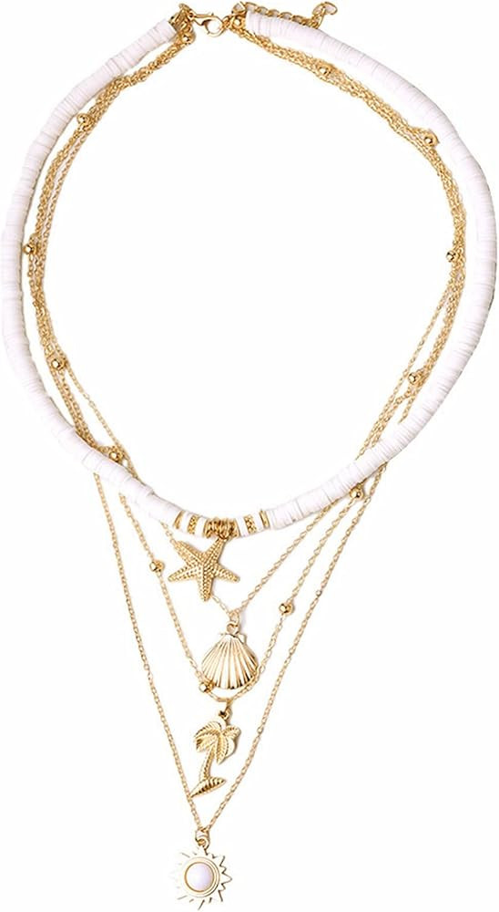 Bohemian Handmade Starfish Shell Folwer Pendant Layered Heishi Surfer Lightweight Chain Choker Ne... | Amazon (US)
