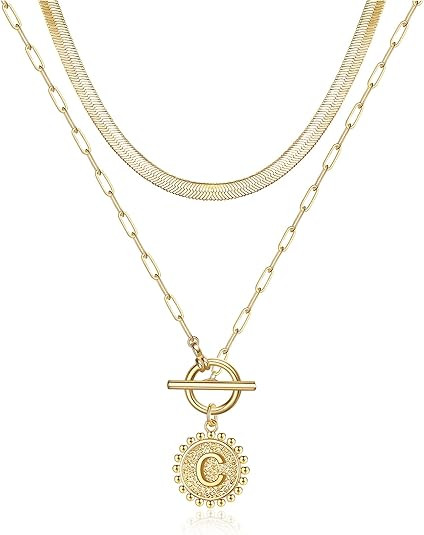 Gold Layered Initial Necklaces for Women, 14K Gold Filled Initial Coin Pendant Necklace Paperclip... | Amazon (US)