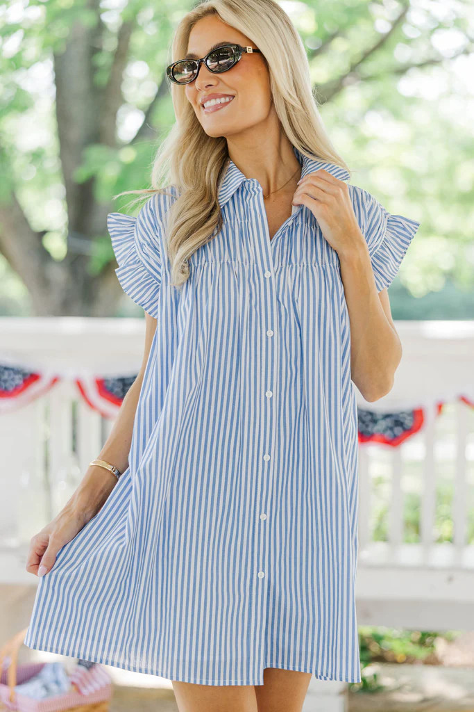 PREORDER: On The Way Blue & White Striped Shift Dress | The Mint Julep Boutique