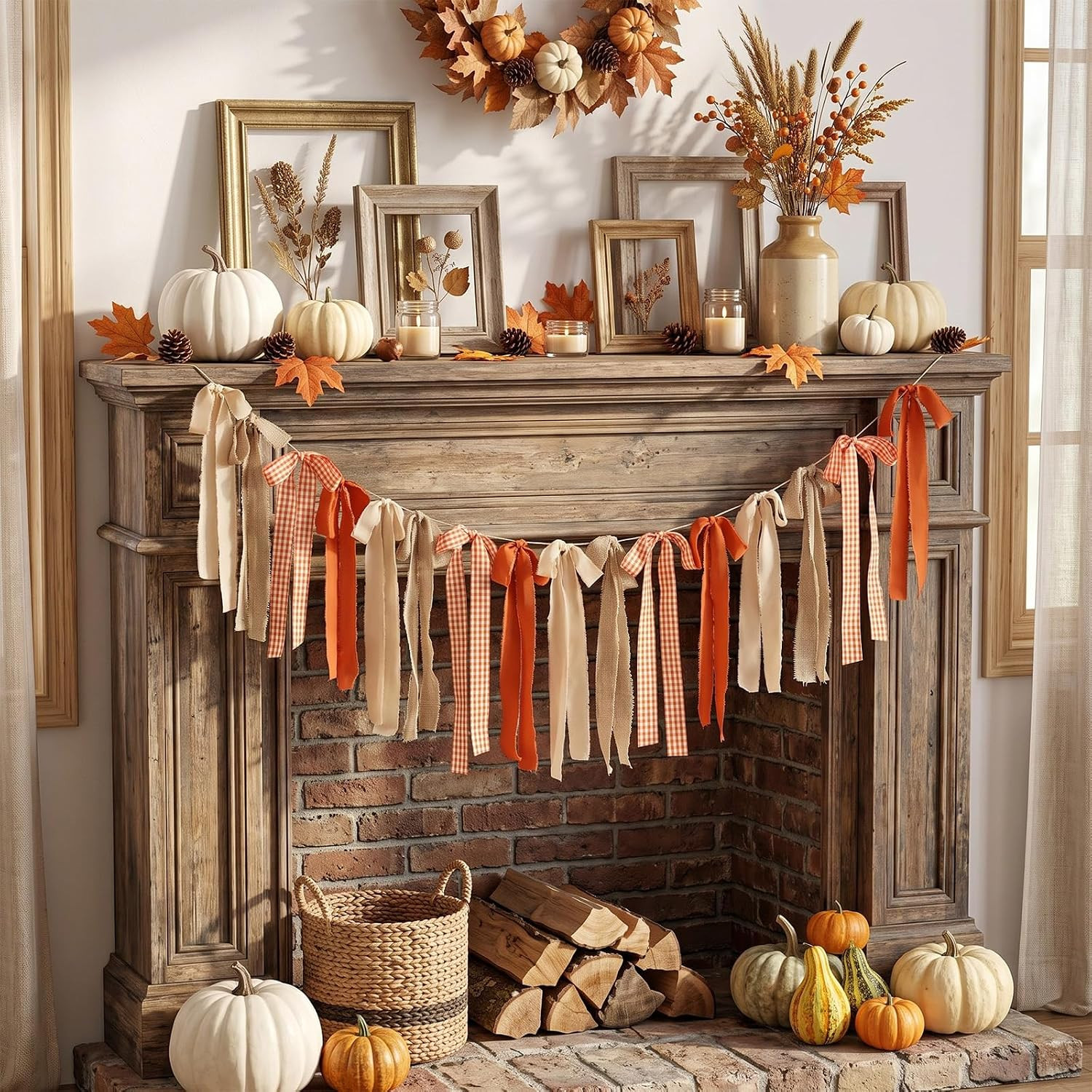 Gilprop 6.7 Ft Fall Plaid Bow Garland Orange White Thanksgiving Fireplace | Amazon (US)