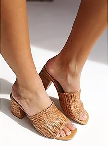 Ancomafio Heeled Sandals for Women\uff0cRaffia Sandals 2026 Chunky Heels Square Toe Mules Block S... | Amazon (US)