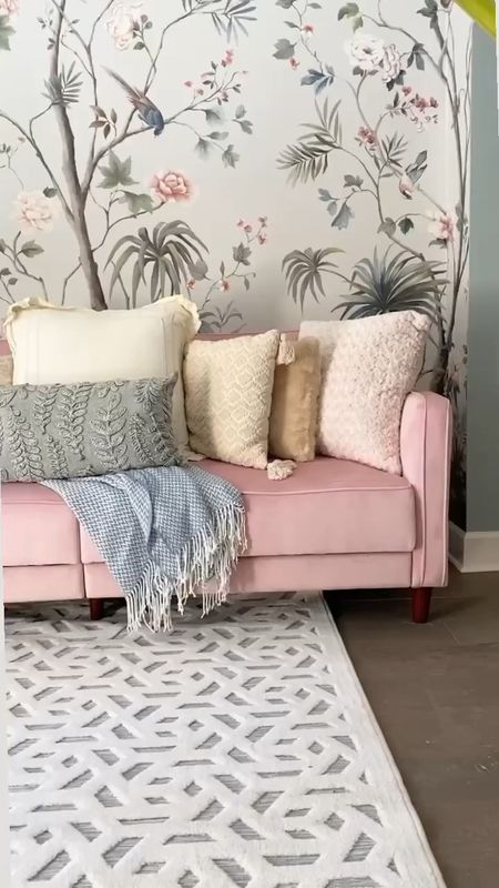 My Villas Living Room Style/ daisy bennett wallpaper / wayfair pink sofa / my minden rug / amazon throw pillows / amazon standing lamps / home decor / home refresh / home accents 

#LTKstyletip #LTKhome #LTKFind