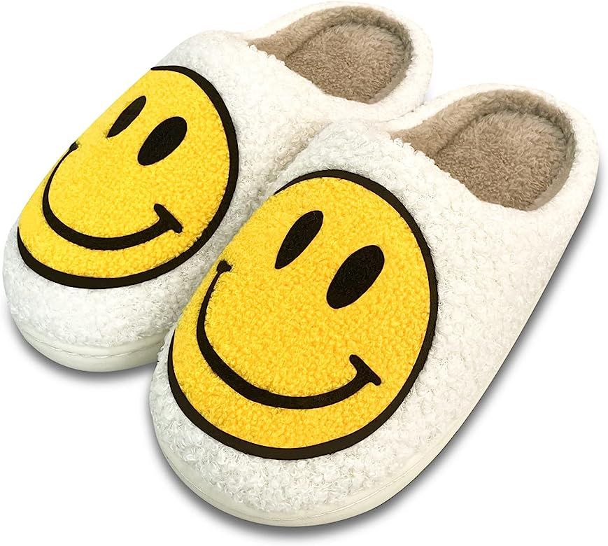 Smiley Face Slippers,Retro Soft Plush Lightweight House Slippers Slip-on Cozy Indoor Outdoor Slip... | Amazon (US)