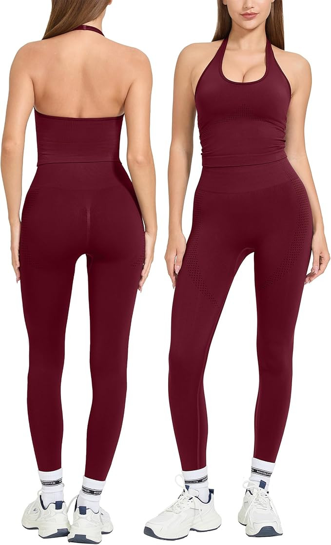 MOOSLOVER Women 2 Piece Workout Sets Halter Sports Bra Butt Lifting Leggings Gym Yoga Outfits | Amazon (US)