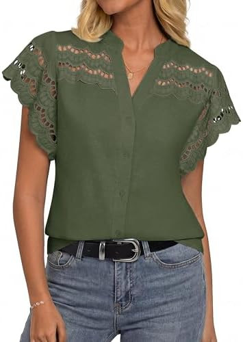 GRACE KARIN Womens Summer Tops Cotton Linen Eyelet Flowy Blouses Beach Vacation V Neck Button Dow... | Amazon (US)