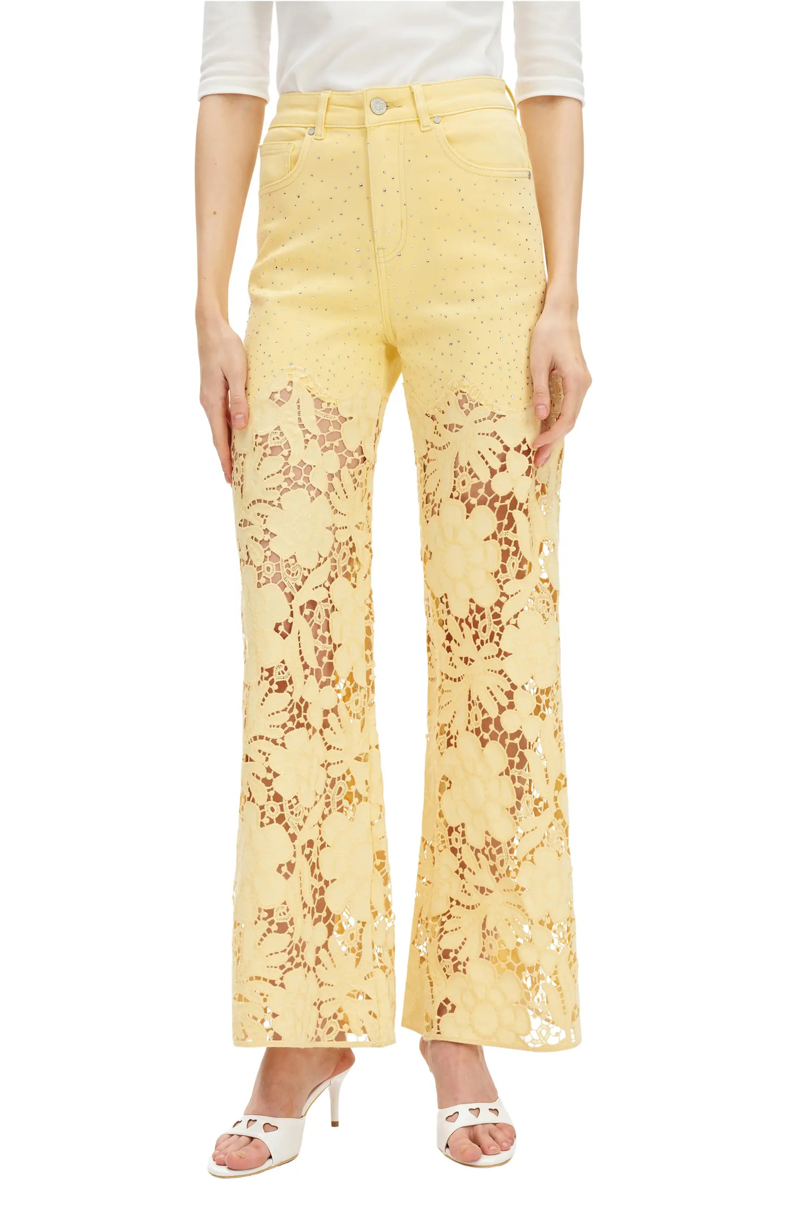 Crystal Embellished Lace Wide Leg Jeans | Nordstrom
