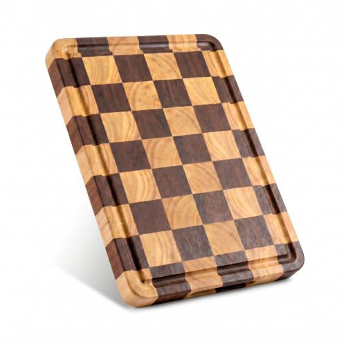 Checkered Cutting Board for Kitchen, 15"x10.4"x1.2" End Grain Cutting Board, Solid Ebony and Rubberwood Butcher Block Cutting Board with Juice Groove, Reversible Wooden Charcuterie Board | Amazon (US)