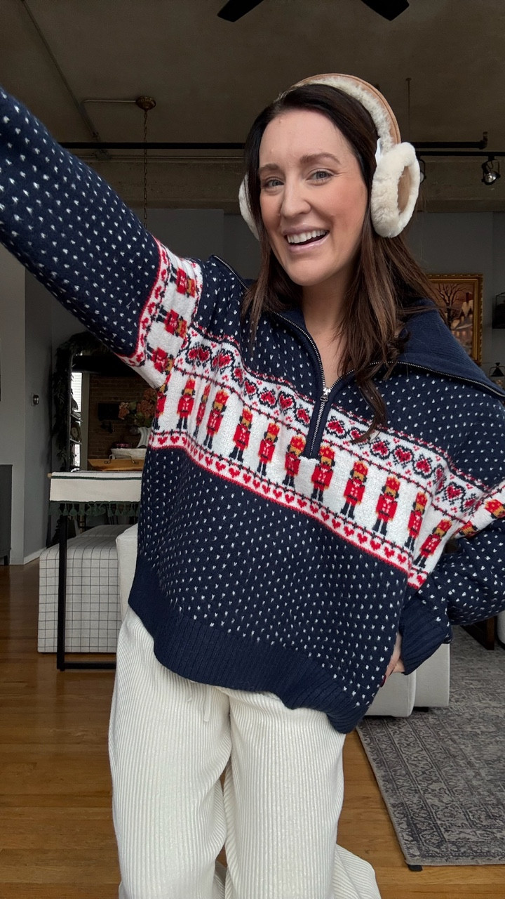 Adorable quarter zip nutcracker sweatshirt with cozy knit pants, slippers & ear muffs - all at a great price from Target! 

#LTKFindsUnder50 #LTKHoliday