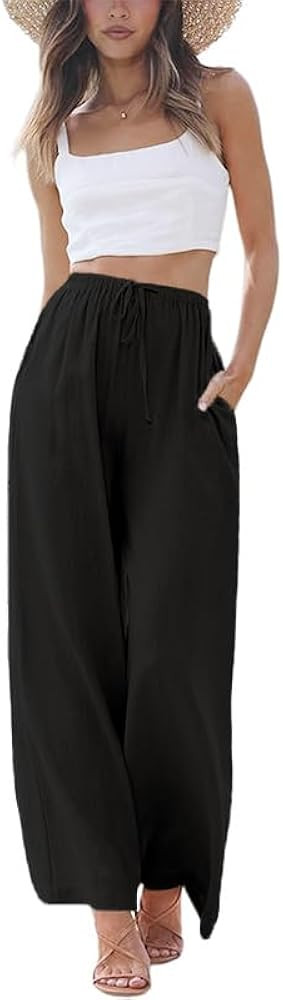 Linen Pants Women Summer Palazzo Pants Flowy Wide Leg Beach Trousers with Pockets | Amazon (US)