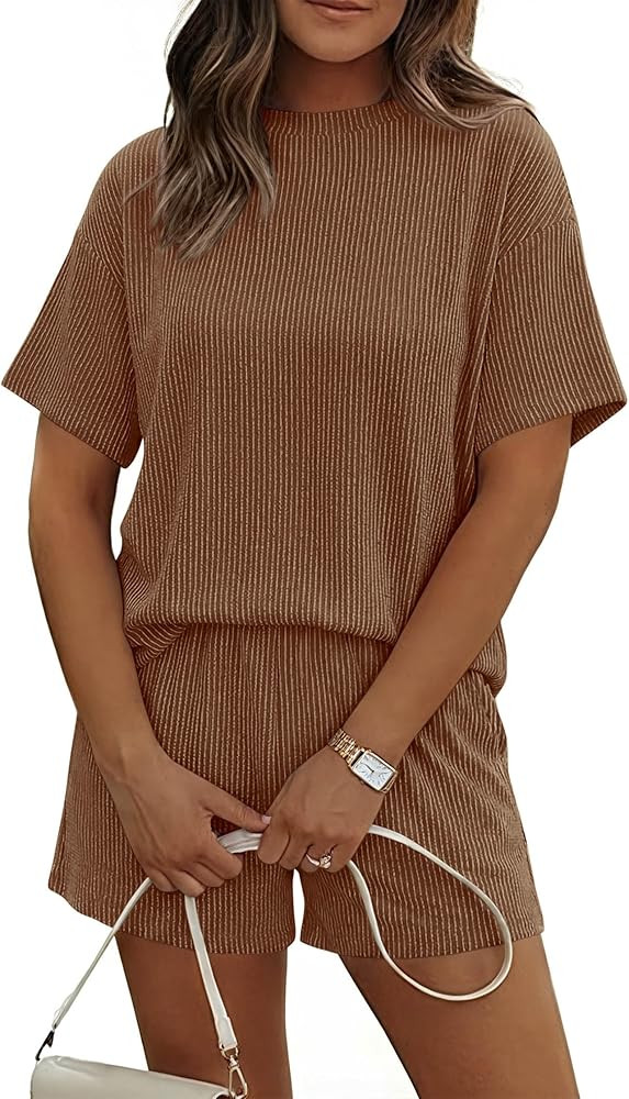 KIRUNDO 2 Piece Sets for Women Summer Lounge Set Ribbed Knit Short Sleeve Top Shorts Matching Air... | Amazon (US)