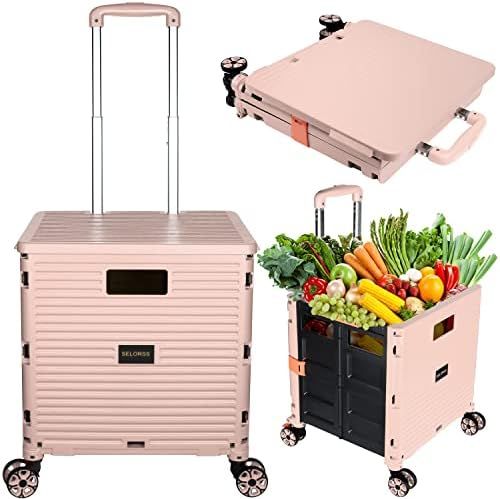 SELORSS Foldable Utility Cart Collapsible Crate Rolling Carts with Wheels Rolling Tote Basket Tea... | Amazon (US)