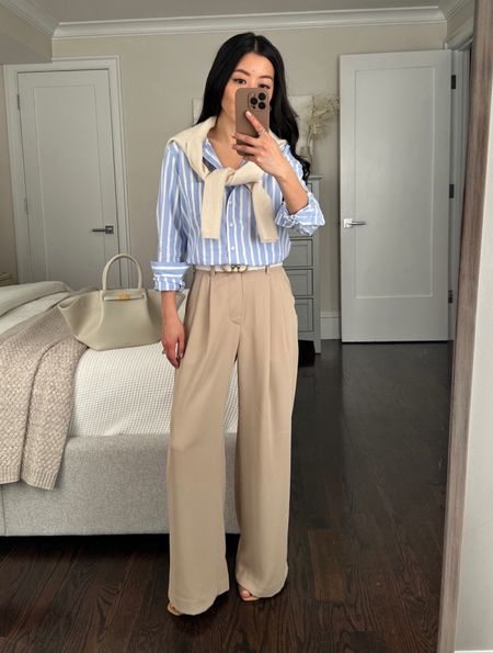 Major sale on these wrinkle resistant trousers!

• High rise pleated trousers in tan 00 petite - these fit a little  big on me, which is typical for Gap sizing 

00P measures 13" across the waist with stretch elastic back waistband, 11" rise, 27.5" inseam. loose fit through the hips and leg. 

I am 5 feet tall and wear these with a 2.5” heel. I’ve also linked  365 shorts that seem to be the same fabric, and come in petite and regular sizing!

• Gap striped organic cotton shirt xxs petite true to size - linked similar options too

• Demellier bag in cream 

• Edited Pieces belts xxs (stocked at editedpieces.com)

#LTKworkwear #LTKfindsunder50 #LTKSeasonal