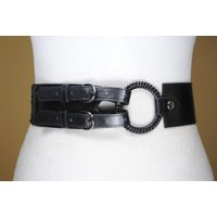 Wide Black Leather Belt Double Buckle Woven Design | Etsy (US)