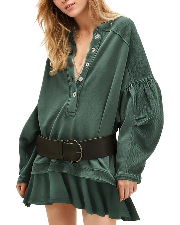 D-Sun Women Casual Oversized Sweatshirt Mini Dress Long Sleeves V-Neck Button Down Ruffled A-line... | Amazon (US)
