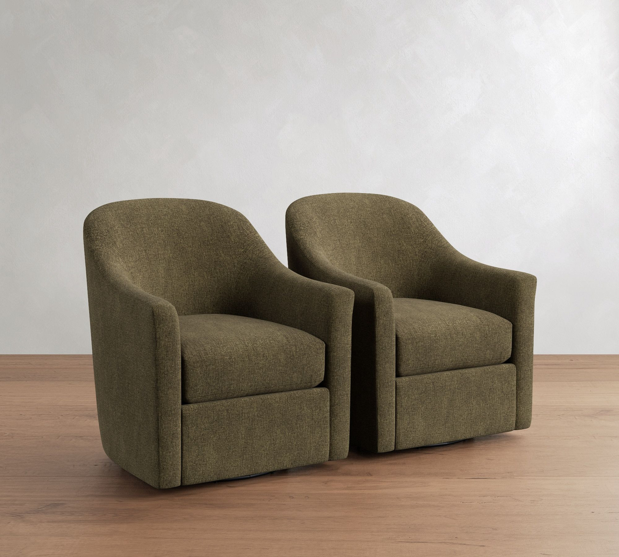 Tillman Upholstered Swivel Armchair Set of 2 without Nailheads, Polyester Wrapped Cushions, Rustic Chenille Dark Moss | Pottery Barn (US)