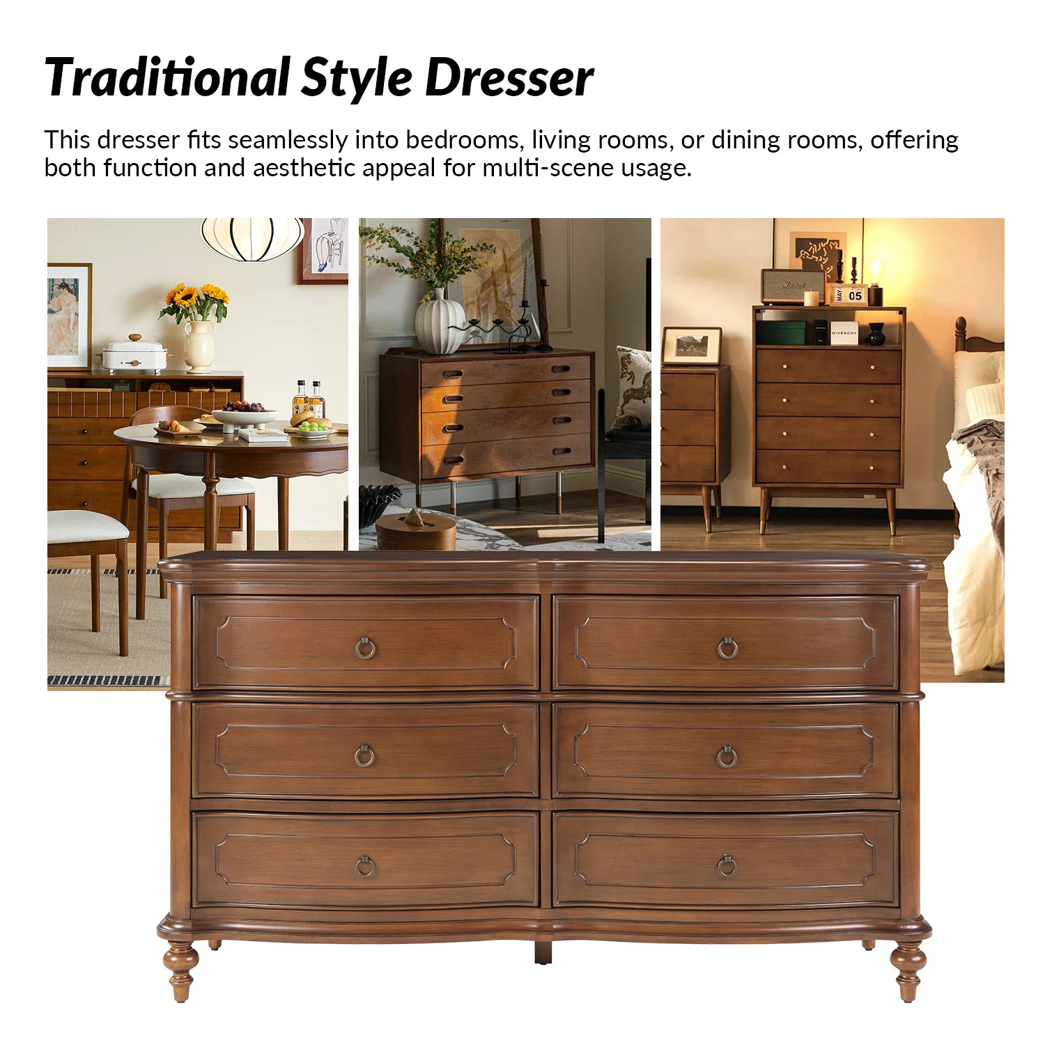 Elfine 58 ''W Traditional 6-Drawer Curved Drawer Fronts Dresser Simple Assembly with Solid Wood | Wayfair North America