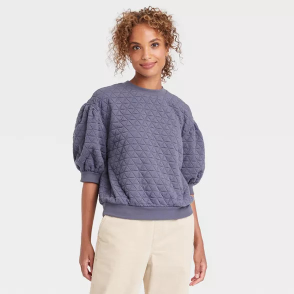 Women's 3/4 Sleeve Quilted Pullover Sweatshirt - A New Day™ Blue M | Target