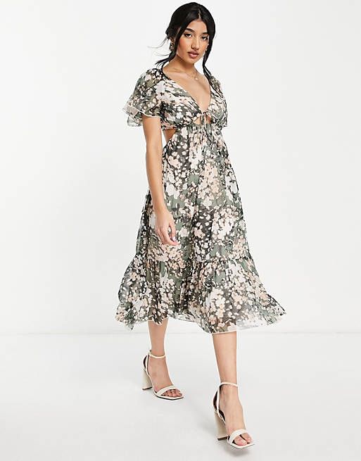 ASOS DESIGN soft tiered midi dress with tie front in blurred floral print | ASOS (Global)