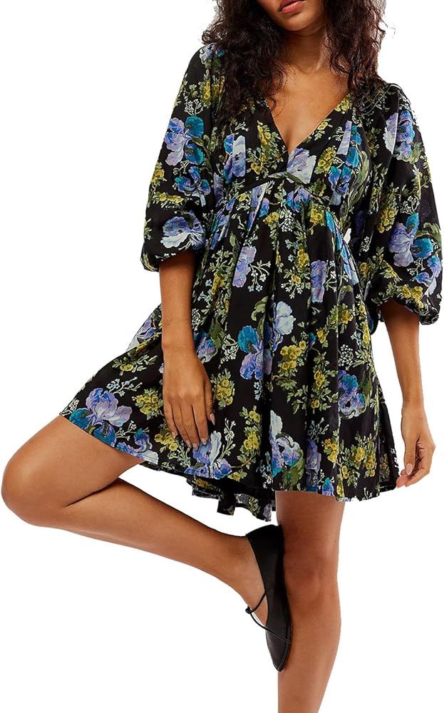 Women Backless Summer Dresses Flowy Smocked Mini Dress Puff Sleeve Y2K Floral Beach Boho Sundress... | Amazon (US)