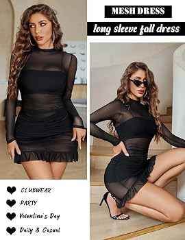 Avidlove Long Sleeve Dress for Women Bodycon Fall Sheer Mesh Dresses Mock Neck Ruched Party Clubw... | Amazon (US)