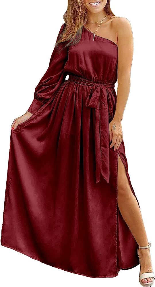 KIRUNDO Women's Satin Long Sleeve One Shoulder Maxi Dress Asymmetrical Belted Tie Waist Split Par... | Amazon (US)