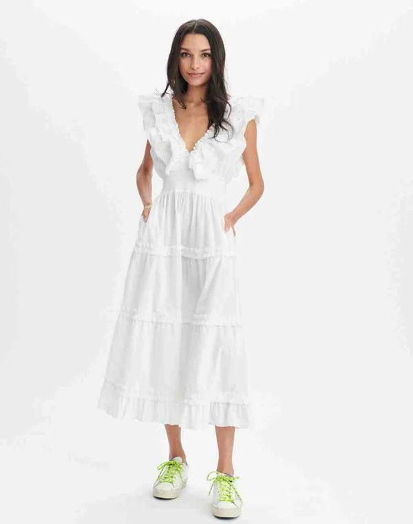 White Azalea Maxi Dress | Flattering V-Neck with Ruffles | Smocked Waistline | Nifty