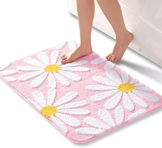 Pink Bathroom Rugs Cute Daisy Bath Mat White and Yellow Flower Decor Rug Non Slip Floor Carpet Mi... | Amazon (US)
