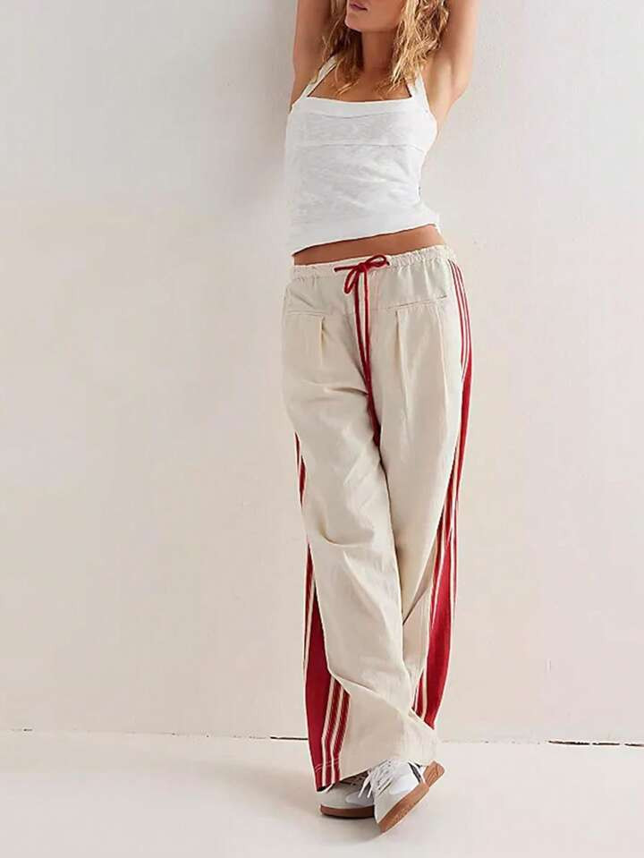 Women's Wide Leg Pants Drawstring High Rise Side Striped Slouchy Palazzo Pants With Pockets | SHEIN
