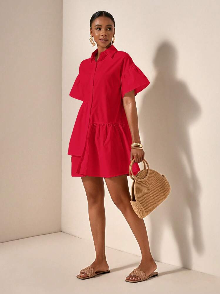 Zivah Solid Color Front Button Ruffle Hem Short Sleeve Vacation Dress, Summer | SHEIN