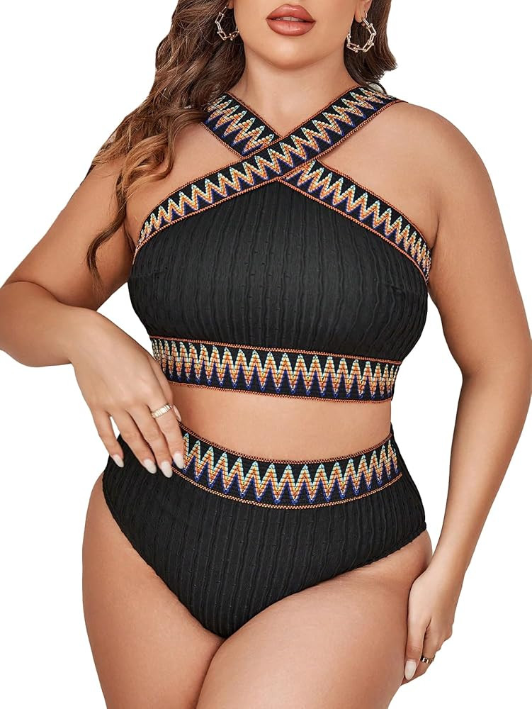 SOLY HUX Women's Plus Size Two Piece Swimsuit Chevron Print Criss Cross High Waisted Bikini Set B... | Amazon (US)