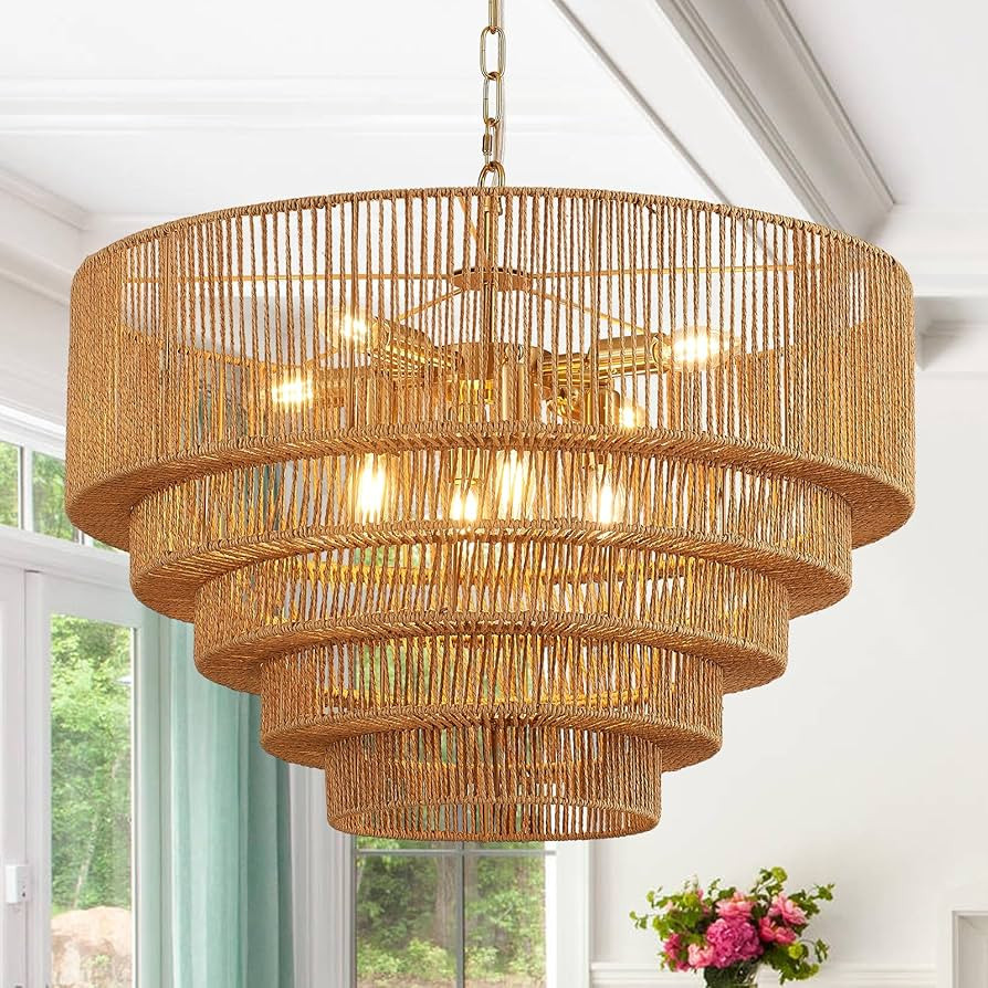 25.6" Large Rattan Chandelier Vintage 8-Lights Farmhouse Boho Hand-Woven Bamboo Chandelier Light ... | Amazon (US)
