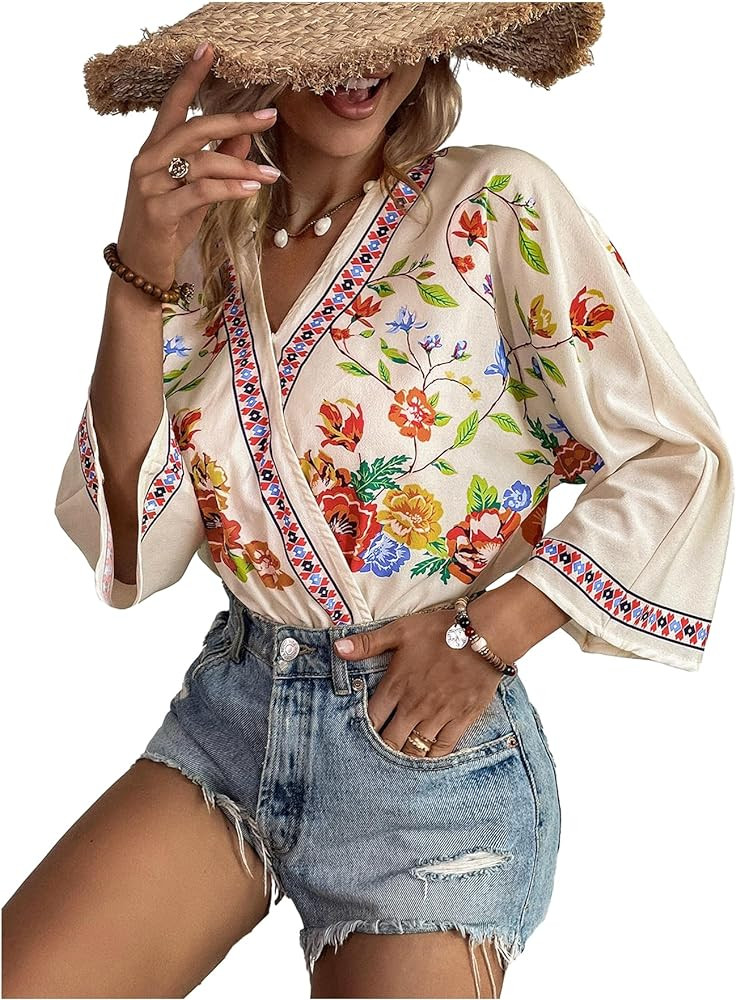 OYOANGLE Women's Casual Floral Print Bodysuit Wrap V Neck 3/4 Short Sleeve Bodysuit | Amazon (US)
