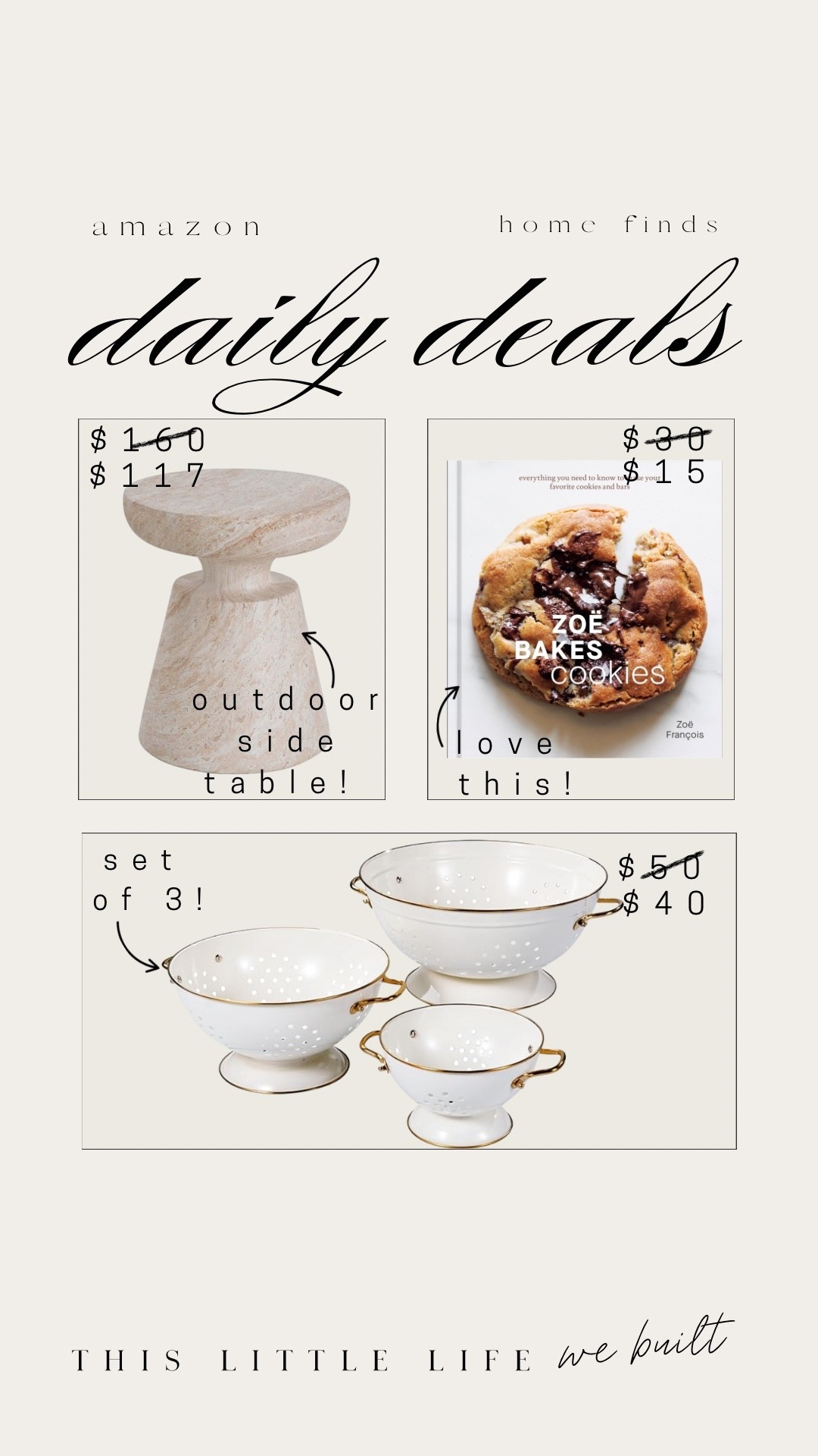 Amazon daily deals! 


Outdoor furniture, side table, cook book, kitchen books, strainer, kitchen finds, Amazon home, affordable home 

#LTKSaleAlert #LTKU #LTKHome