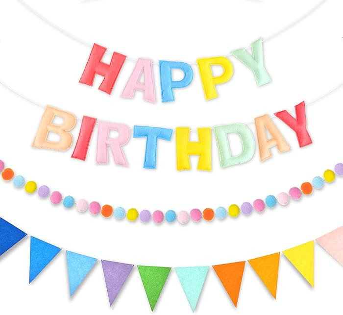 CANREVEL Pre-Strung 3D Happy Birthday Banner, 3 PCS Happy Birthday Felt Garland, Pom Pom Garland,... | Amazon (US)