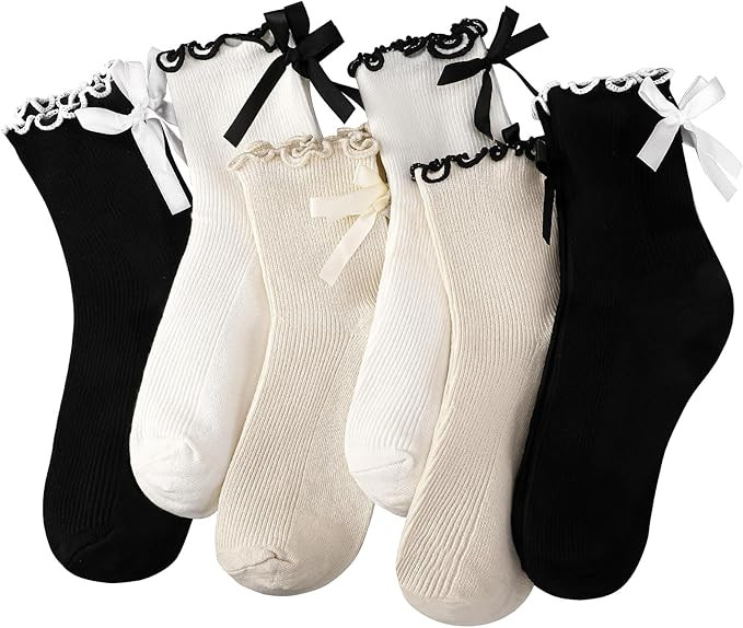 6 Pairs Womens Bow Socks Ruffle Casual Crew Socks Cute Black White Soft Breathable Cotton Frilly ... | Amazon (US)