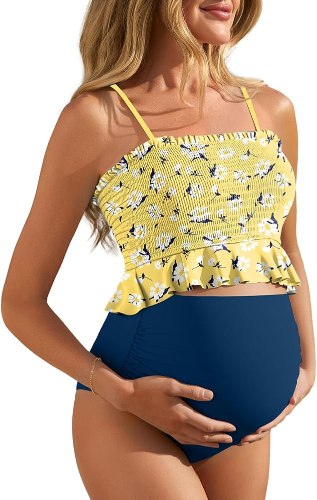 Summer Mae Maternity High Waist Swimsuit Ruffle Hem Bikini Bathing Suit Shirred Bandeau Two Piece... | Amazon (US)