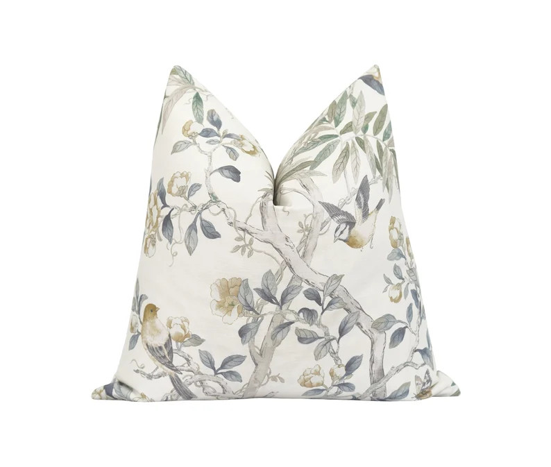 Augusta Putty Floral Bird Pillow Cover, Saffron Cream Grey Bird Pillow, DOUBLE Sided Olive and Ta... | Etsy (US)