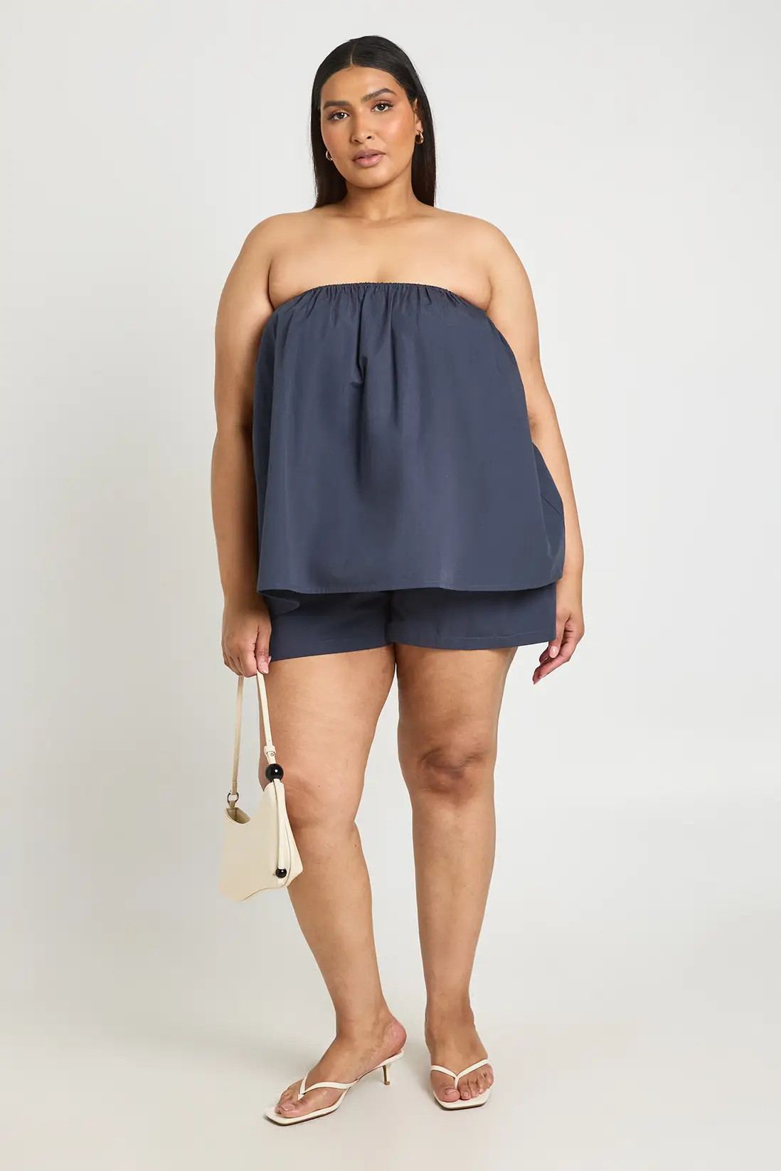 Navy Plus Poplin Bandeau Smock Top & Flippy Short | Boohoo USA | boohoo (US & Canada)