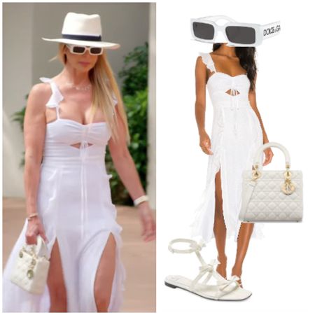 Alexia Echevarria’s White Slit Dress, Sunglasses, Bag and Bow Sandals 
