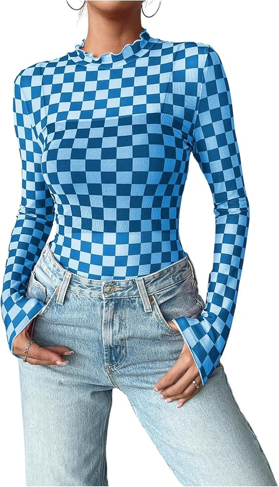 Floerns Women's Checker Print Long Sleeve T Shirts Sheer Mesh Plaid Print Tops | Amazon (US)