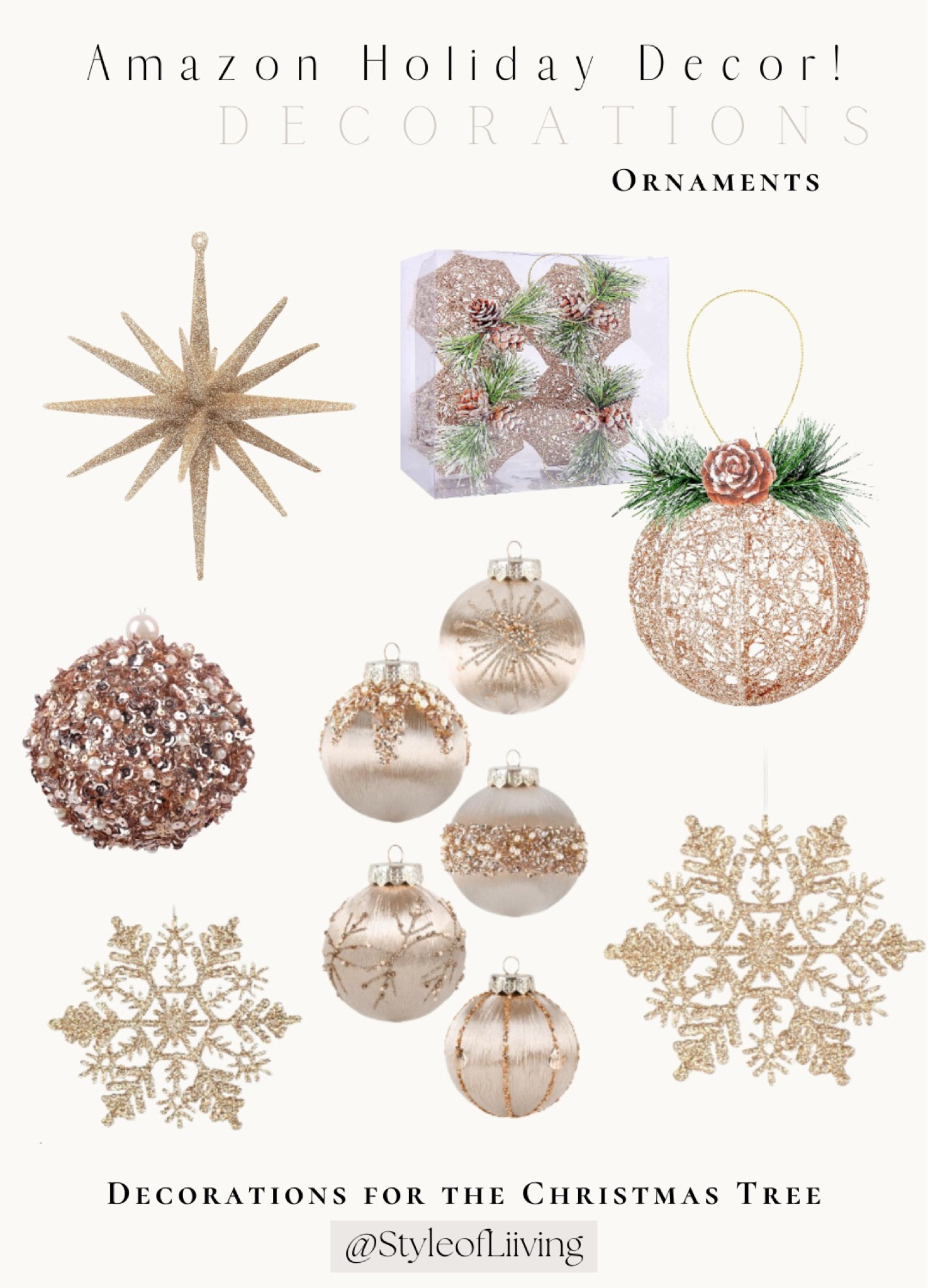 Champagne color Christmas tree ornaments from Amazon! Holiday decorations. #founditonamazon #amazonfinds

#LTKfindsunder50 #LTKHoliday #LTKGiftGuide