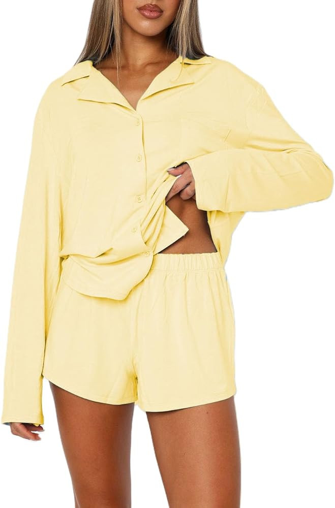 Giraropa Button Down Pajamas Women 2 Piece Lounge Set Shirt and Shorts Long Sleeve Pjs Sleepwear ... | Amazon (US)