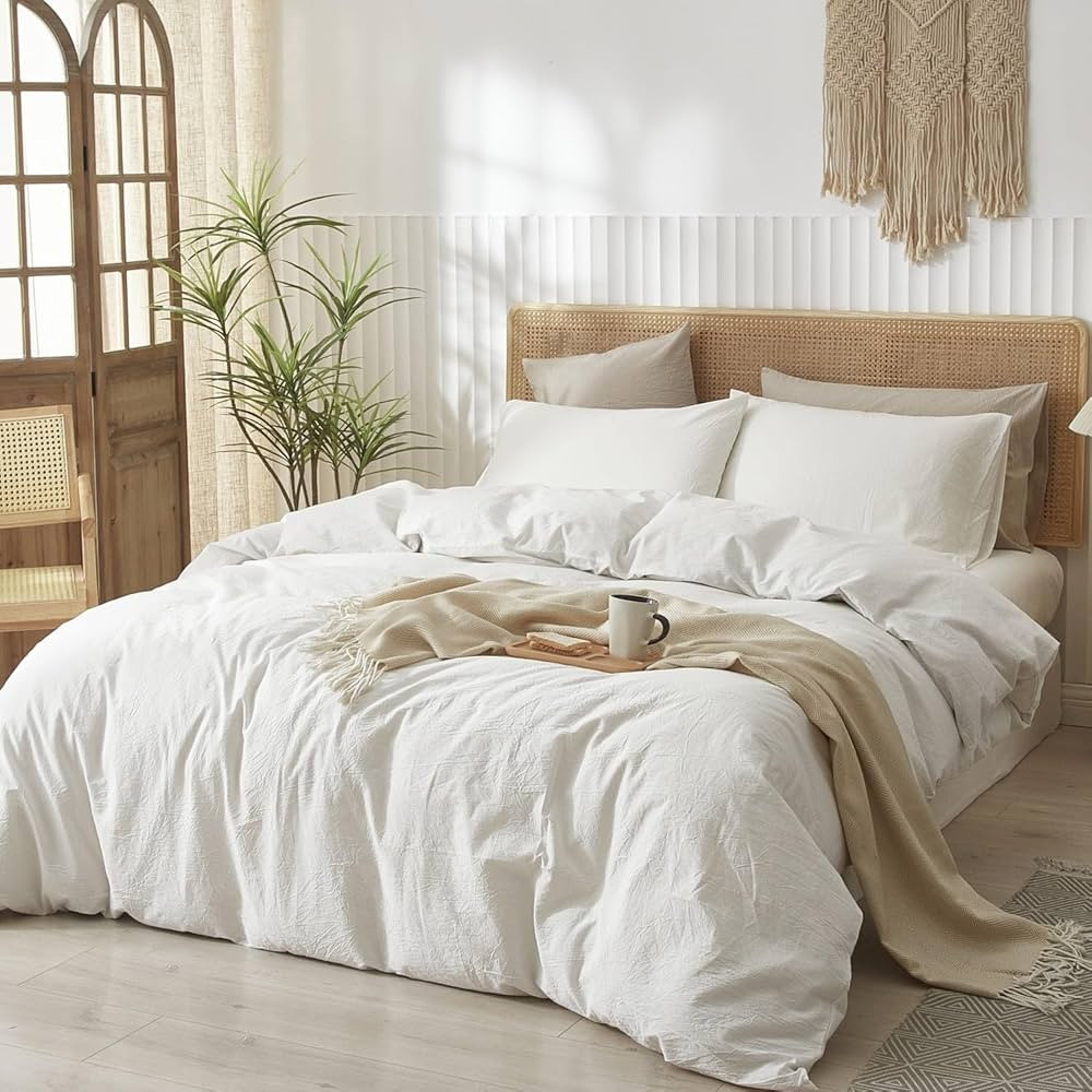 LIFETOWN 100% Washed Cotton Duvet Cover Set Linen Feel Natural Wrinkle Lightweight Comfy (Queen, ... | Amazon (CA)