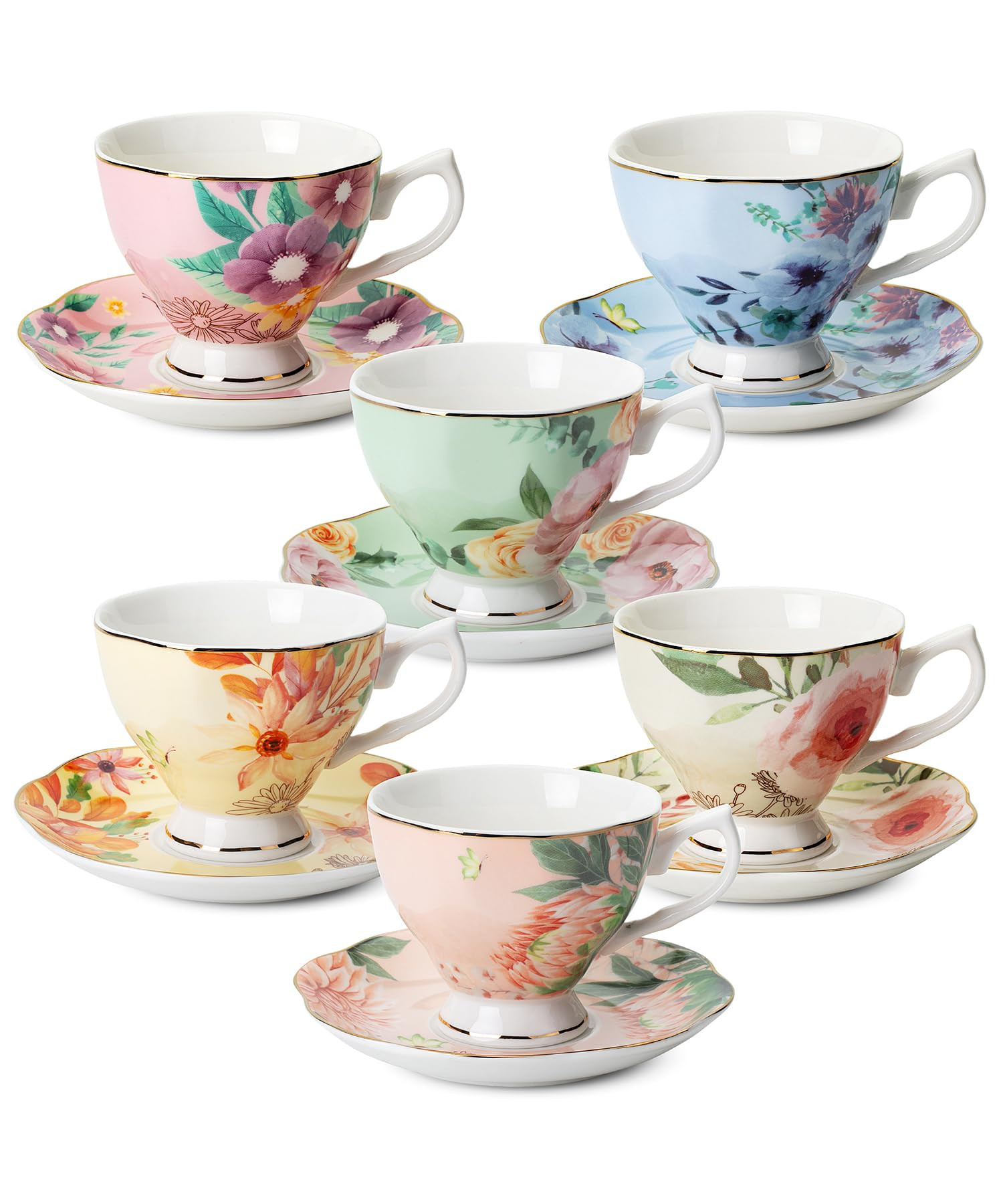 BTaT- Floral Tea Cups and Saucers Set of 6 (8 oz), Porcelain Tea Cups Set of 6, Pastel Flower Gar... | Amazon (US)