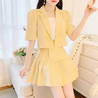 Set: Elbow-Sleeve Blazer + Pleated Mini Skirt | YesStyle Global