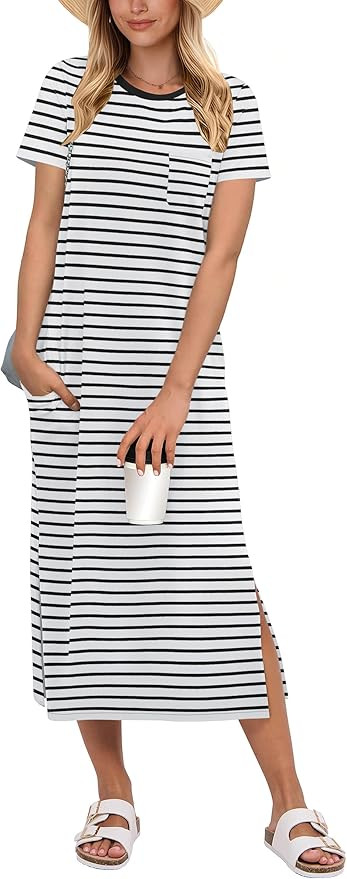 ANRABESS Womens Midi Dress,Summer Long Tshirts Dresses,Short Sleeve Split Stripe,Comfy Travel Bea... | Amazon (US)