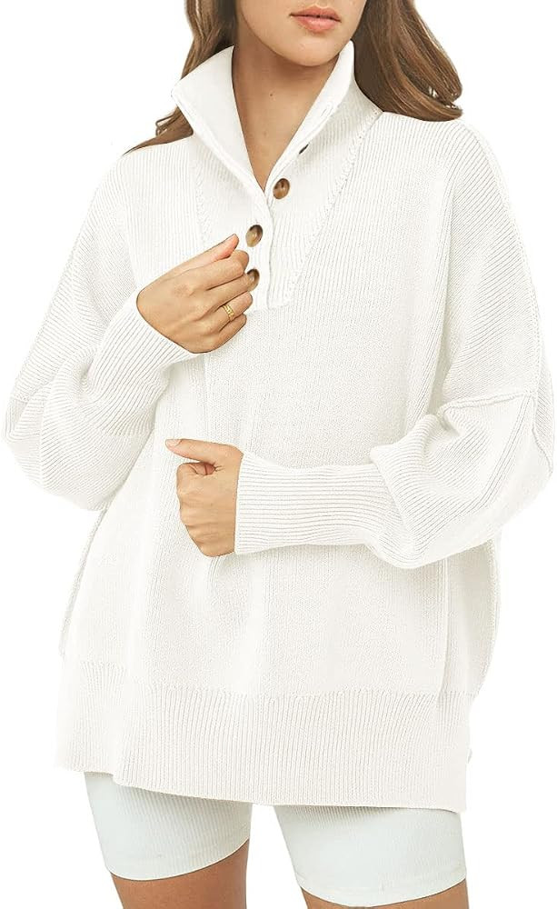 LILUSSORY Women's Long Sleeve Button Up Drop Shoulder Sweaters Fall Oversized Slit Side Knit Pull... | Amazon (US)
