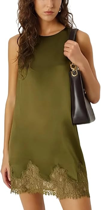 Women Silk Lace Slip Dress Satin Casual Loose Tank Dress Sleeveless Crew Neck Long Flowy Top Eleg... | Amazon (US)