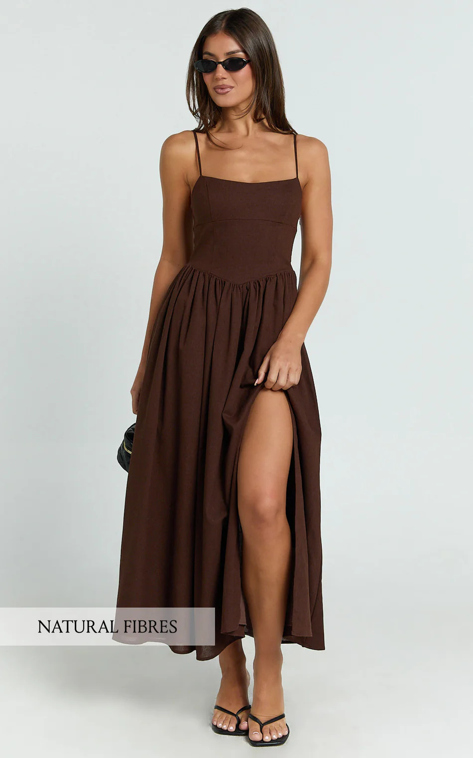 Linen Scoop Neck Gathered Dress in Chocolate | Showpo (US, UK & Europe)